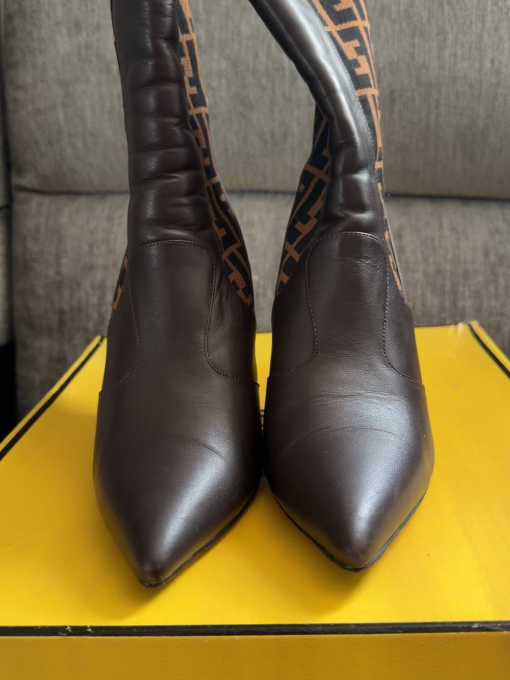 Fendi Black and Brown Leather FF Logo Sock Bootie